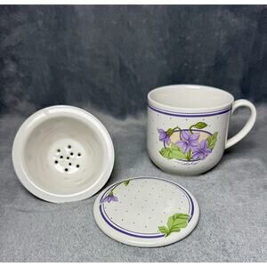 Papel Korea Violets Tea Mug Infuser & Lid 3 Piece Floral Purple Polka Dot